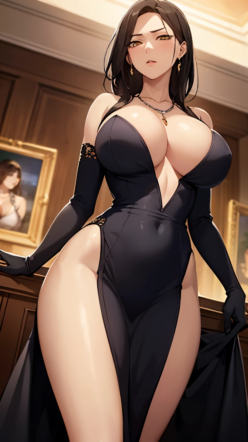 1 woman, in luxurious dress, highly detailed face, cool, tomboy, mom, (very large breasts), mature female, (curvaceous but thin), gloves, bare legs, earrings, necklace, sharp features, yellow amber eyes, black hair, milf, extremely details, volumetric light, detailed lighting, (((masterpiece))), better eyes, best quality, background from a casino,