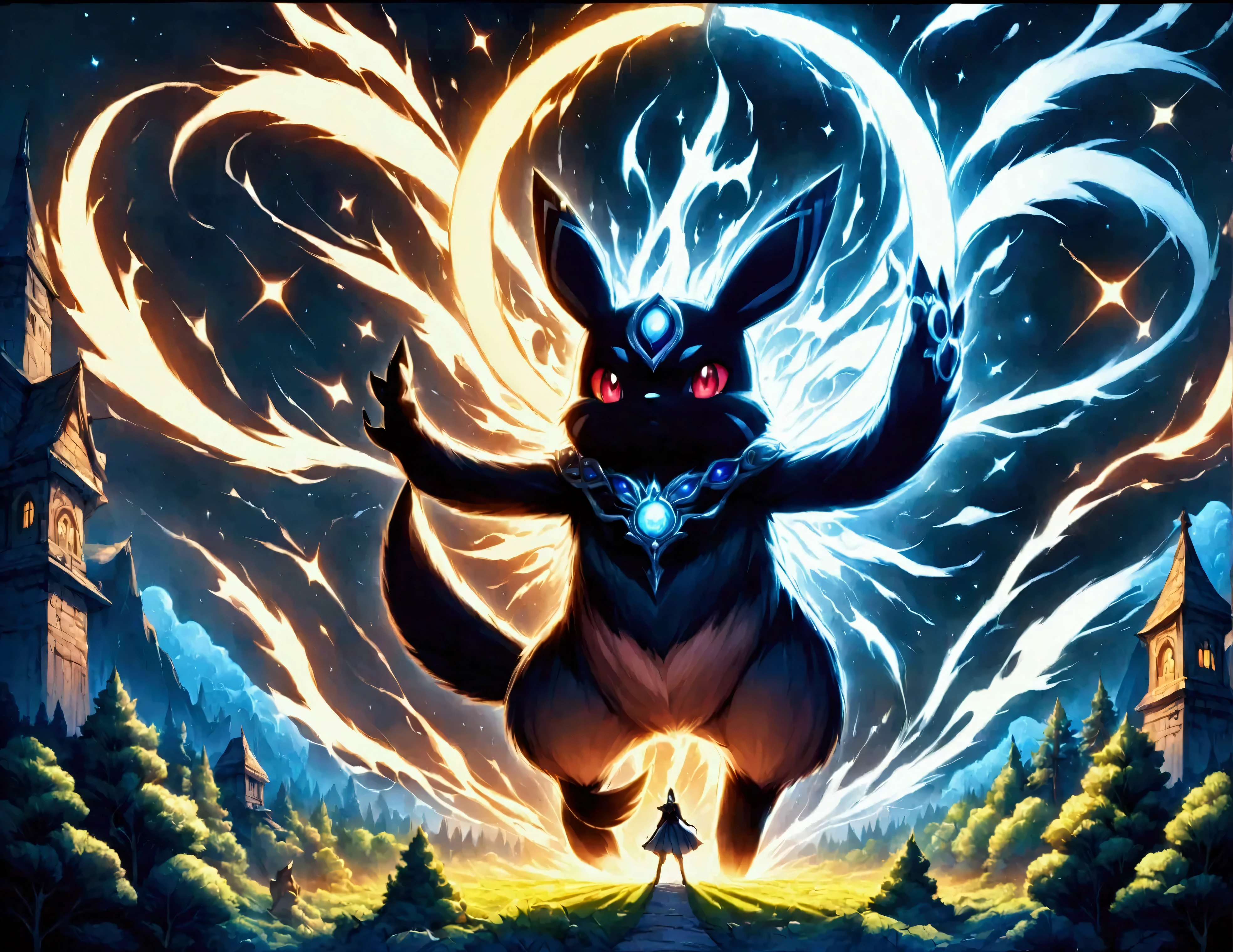 In a dimly-lit forest, shadows dance across the ground as two Pokémon prepare for an intense battle. one, a sleek and agile Umbreon, its rings glowing like moonlit brands, stands opposite Pikachu, whose cheeks crackle with energy, sparking bolts illuminating the night. Tension thickens the air as their trainers stand silent, knowing the profound honor and strategy shadowed in this moment. Every rustle of leaves, the distant hoot of a Noctowl, heightens the drama of this combat under stars that twinkle with ageless witness. As Umbreon gracefully sidesteps, its eyes reflecting the cold silver of the moon, Pikachu leaps, the very air electrifying in its wake, each attack a testament to their evolution and bond with their trainers. This battle is not just a test of strength, but a narrative of friendship, struggle, and the relentless pursuit of mastery, played out beneath a canopy as ancient as the legends themselves., Vibrant colors, Intricate details. Very detailed, Dynamic pose, Complex motifs, Organic Mesh Pattern, Perfect composition, DIGITAL PAINTING, Art Station, Concept Art, , Sharp focus, Karn Griffiths, Pixar, Victor Shay, Jean Baptiste Monge, Shining Aura, shape, 8k, Best Quality, Awards, Anatomically correct, High resolution, Dark fantasy