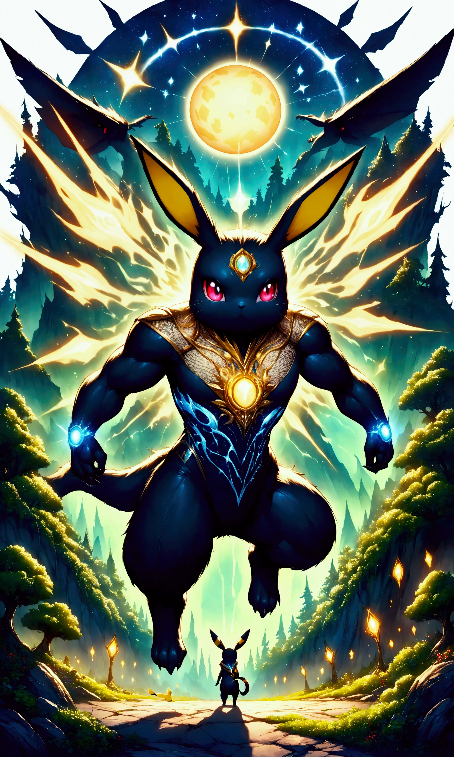 In a dimly-lit forest, shadows dance across the ground as two Pokémon prepare for an intense battle. one, a sleek and agile Umbreon, its rings glowing like moonlit brands, stands opposite Pikachu, whose cheeks crackle with energy, sparking bolts illuminating the night. Tension thickens the air as their trainers stand silent, knowing the profound honor and strategy shadowed in this moment. Every rustle of leaves, the distant hoot of a Noctowl, heightens the drama of this combat under stars that twinkle with ageless witness. As Umbreon gracefully sidesteps, its eyes reflecting the cold silver of the moon, Pikachu leaps, the very air electrifying in its wake, each attack a testament to their evolution and bond with their trainers. This battle is not just a test of strength, but a narrative of friendship, struggle, and the relentless pursuit of mastery, played out beneath a canopy as ancient as the legends themselves., Vibrant colors, Intricate details. Very detailed, Dynamic pose, Complex motifs, Organic Mesh Pattern, Perfect composition, DIGITAL PAINTING, Art Station, Concept Art, , Sharp focus, Karn Griffiths, Pixar, Victor Shay, Jean Baptiste Monge, Shining Aura, shape, 8k, Best Quality, Awards, Anatomically correct, High resolution, Dark fantasy