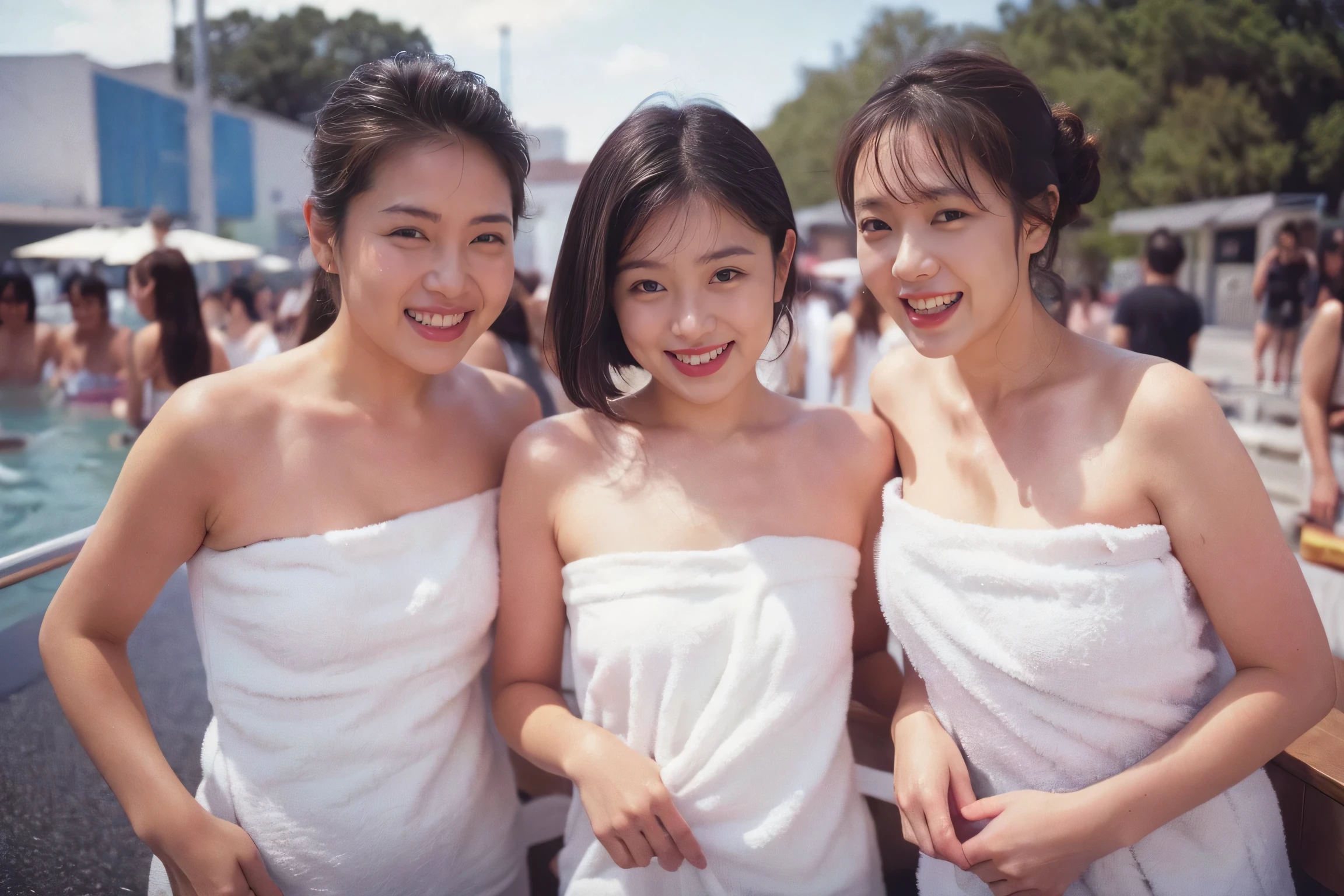 3girls,((Highest quality、8K resolution、Masterpiece、Portraiture)), Photorealistic, 35mm Film, On the street during the day, Wrinkles around the eyes,Wrinkles around the mouth、((naked towel:1.2)) , (Outdoor_hot spring: 1.2), Cluttered background,Looking at the audience,Laughter, whole body