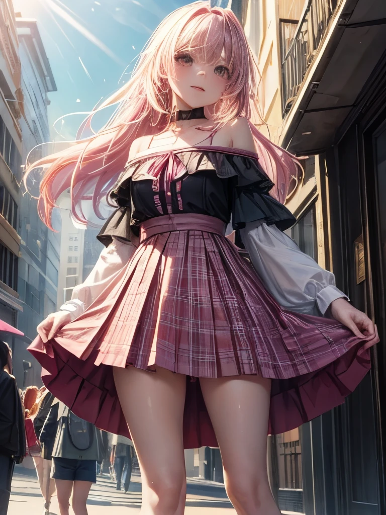 (((masterpiece, highest quality, High resolution, don&#39;t let it end, 1 girl, hair above one eye, gem, single thigh high, diaphragm, black skirt, asymmetrical legwear, pink shirt, black thighs, belt, mini skirt, Are standing, cowboy shot, outdoor, Announced, flower )))