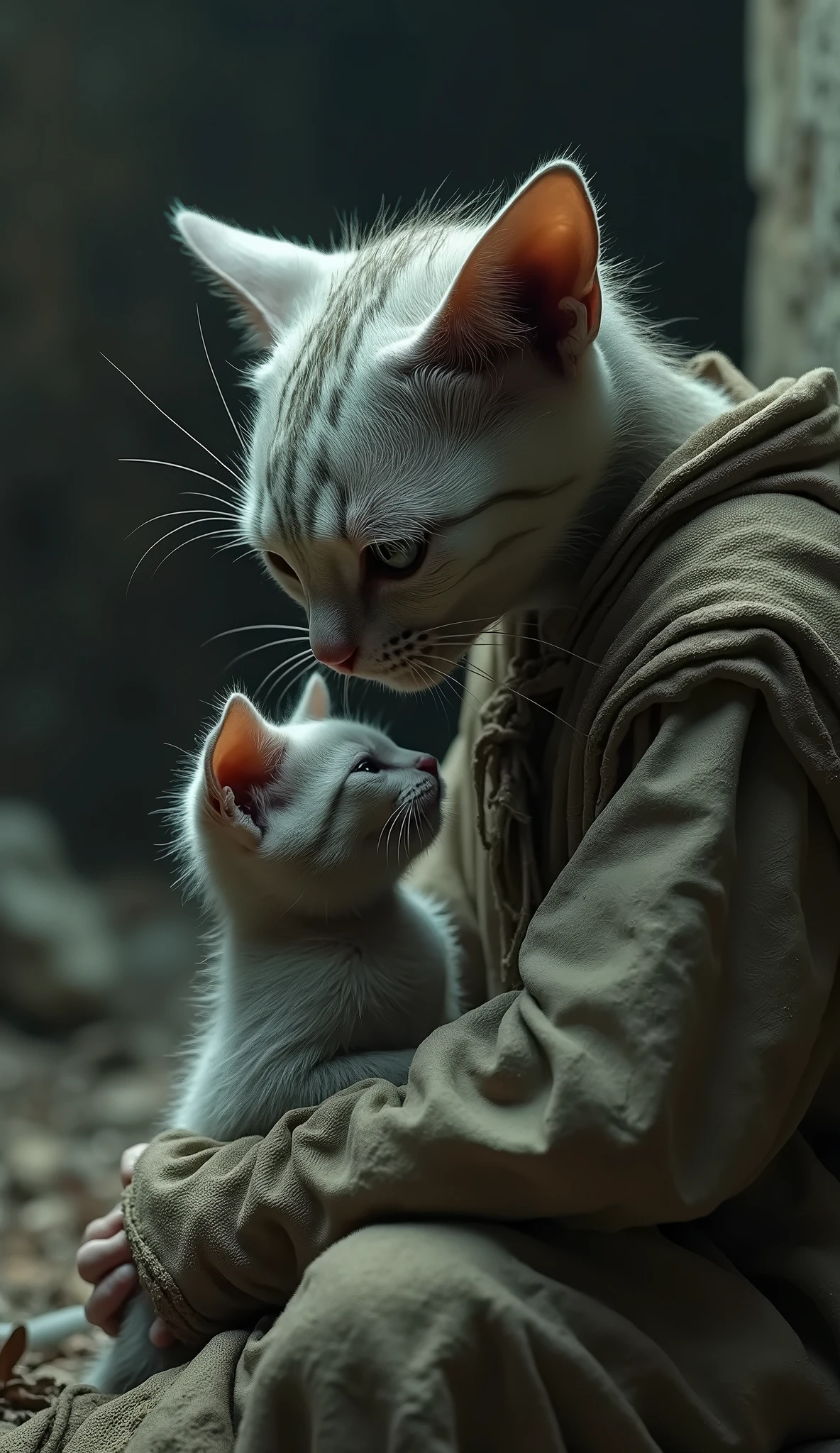 A white female cat dressed in ninja dress with scar across eyes and anger in eyes and sword on her back holding a white kitten covered in blood on river side cries looking towards sky