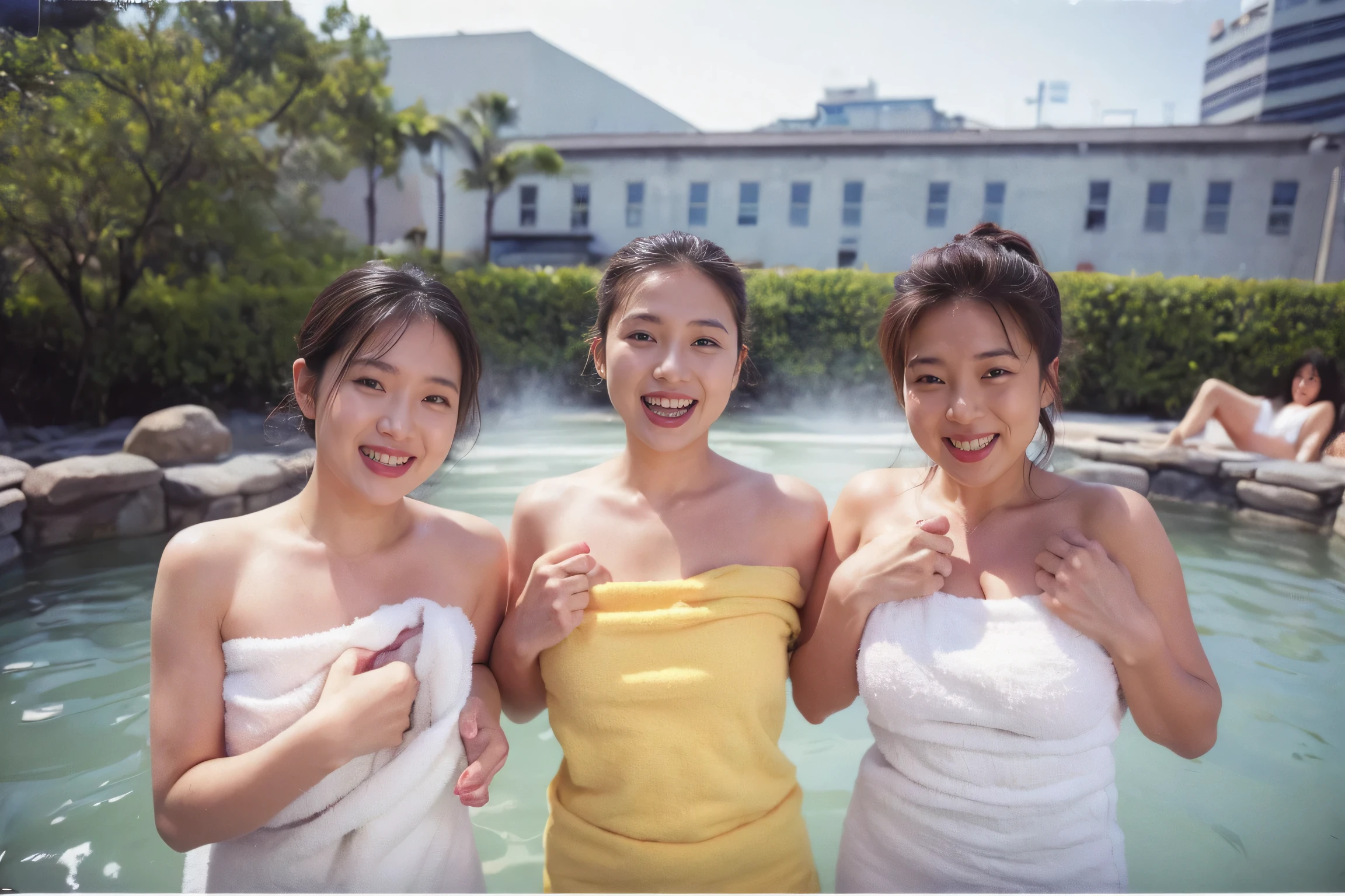 3girls,((Highest quality、8K resolution、Masterpiece、Portraiture)), Photorealistic, 35mm Film, On the street during the day, Wrinkles around the eyes,Wrinkles around the mouth、((naked towel:1.2)) , (natural bath_hot spring: 1.2), Cluttered background,Looking at the audience,Laughter, whole body