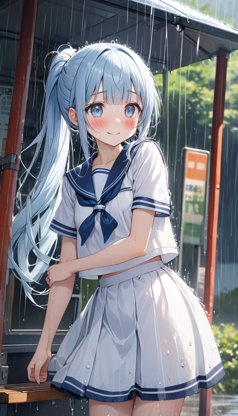 :D、School Anime Cat Girl、Blue skirt、White hair、Pink boots、wet rain、Night city、uniformed、Wet clothes、skirts、Visible through clothes、camel's toes、lift skirt yourself、little breasts、(nsfw:1.2),Water droplets、Glowing water splashes、Clean air、Splattering water、Shining water
