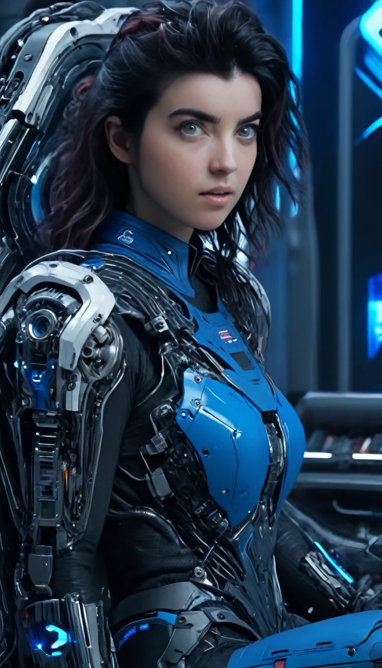 woman, Mechanical Blue Body ，Best Quality, masterpiece8k,Futuristic spaceship interior，サイバーブルースーツを着たwoman，Black Hair，blue eyes，Shortcuts, Best Quality, High resolution, , blue eyes, 