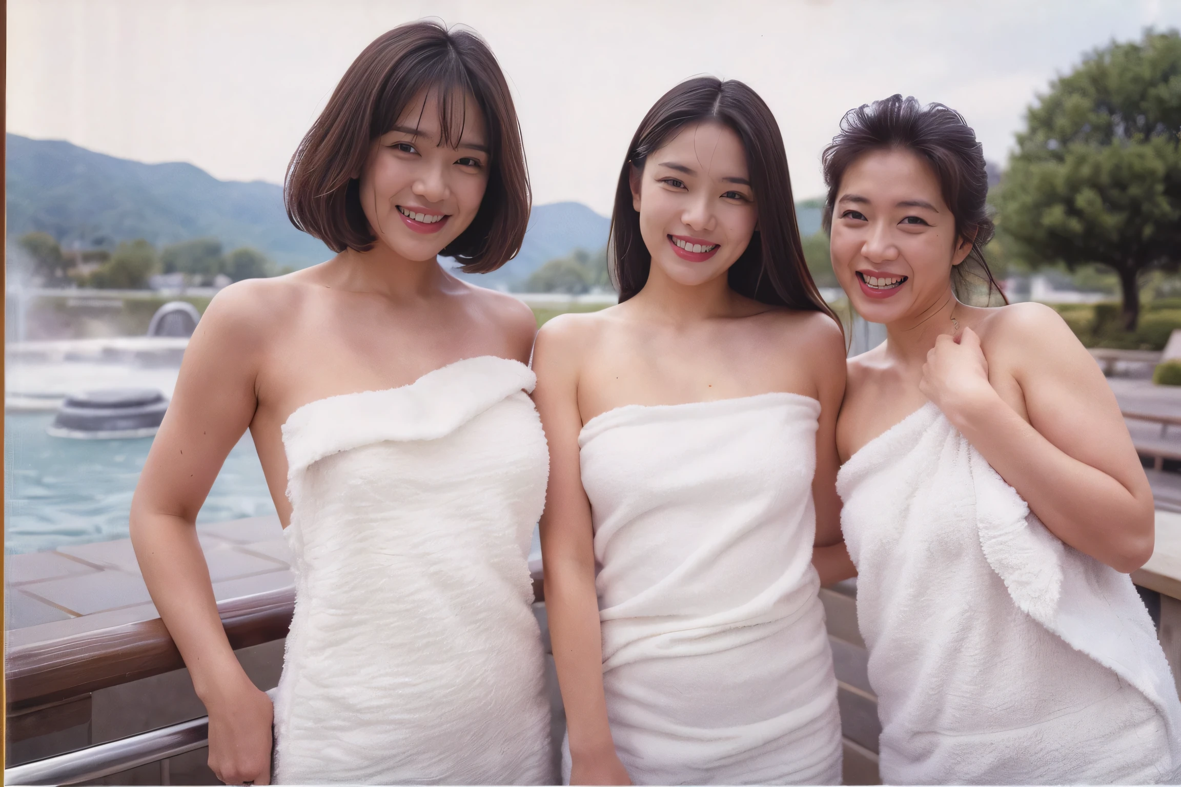 3girls,((Highest quality、8K resolution、Masterpiece、Portraiture)), Photorealistic, 35mm Film, On the street during the day, Wrinkles around the eyes,Wrinkles around the mouth、((naked towel:1.2)) , (Outdoor_hot spring: 1.2), Cluttered background,Looking at the audience,Laughter, whole body