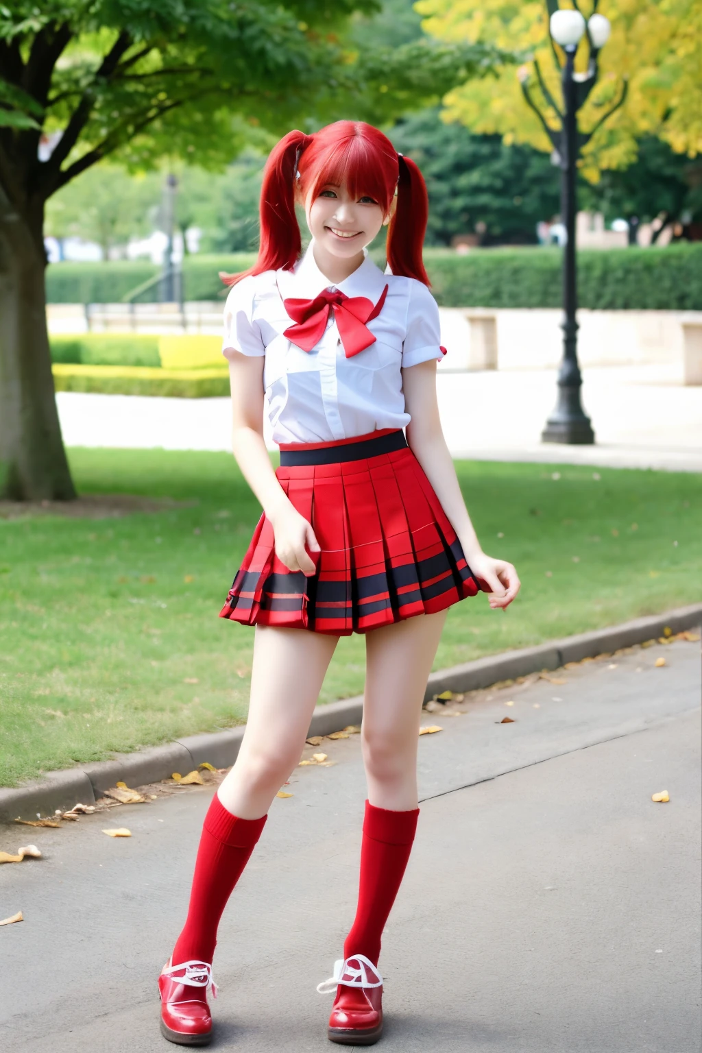 An empty park、Cosplaying as Paipai Kamen、、Red hair twintails、Cute face、Smiling、Full-body front view