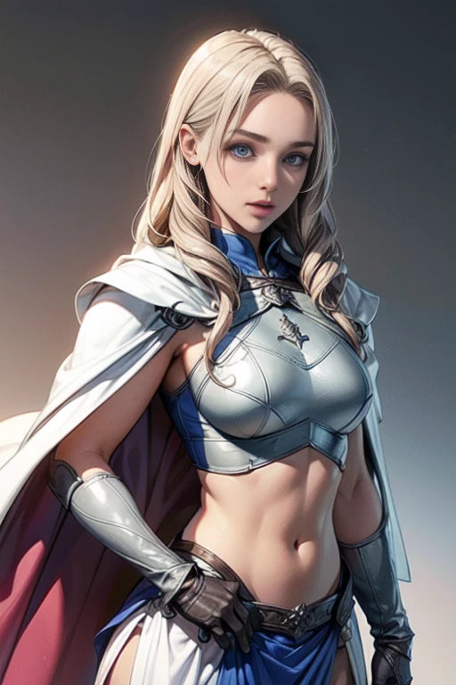 Adult girl, long blonde, beautiful face and eyes, blue eyes, slim and muscular body, medium chest, white capes, iron paladin armor, expose midriff, pink loincloth, short brown gloves