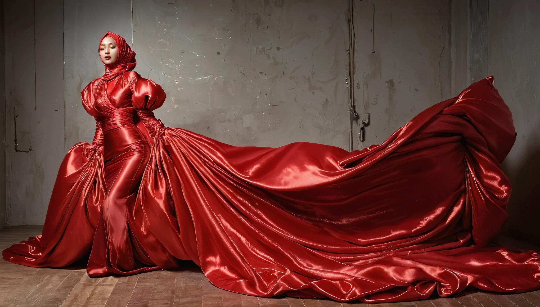 A woman shrouded in a 10-meter-long, plush red satin shimmer cloth, ballon sleeves, tightly bound and grandly draping along the form of her body, flowing off into a pooled floor-length train, styled in a mermaid-inspired outfit, her head modestly veiled in a satin shimmer hijab, 175 height woman, walk in office room, a full-body pose conveying a sense of elegance, captured in a 4k resolution, ultra-realistic