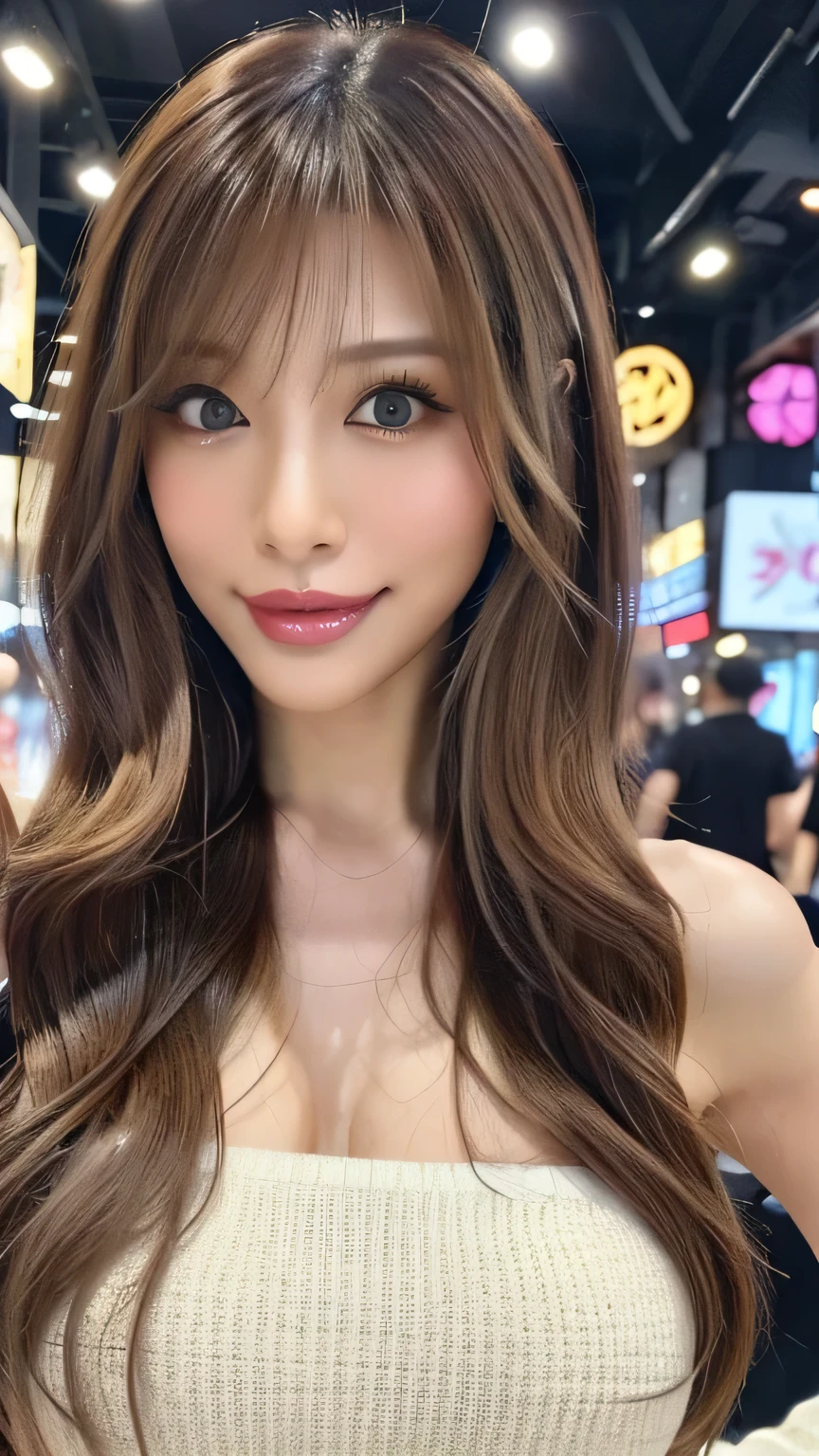 (Cowboy Shot、Best Quality、8k、Award-winning works、Ultra-high resolution)、Beautiful woman、(A sweater that shows off perfect, sexy cleavage:1.1)、Perfect big breasts、(Blonde:1.1)、Bright color contacts、Perfect Makeup、Bright and shiny lipstick、(Very heavy makeup:1.2)、(Deep pink around the eyes:1.1)、Beautiful bright eyeshadow、Heavy makeup around the eyes、(Huge breasts:1.2)、Very long wavy hair、(Romantic affection:1.1)、The best smile when he sees me、(Most people emphasize their body lines..:1.1)、(Strongly blurred vibrant Harajuku city background:1.1)、(Strongly blurred background:1.1)、Accurate anatomy、Ultra HD Hair、(Ultra-high resolution for perfect, beautiful teeth:1.1)、Beautiful faces in ultra-high definition、Ultra HD Hair、Ultra HD Shining Eyes、Shining, Ultra-high resolution beautiful skin、Ultra-high resolutionの艶やかな唇