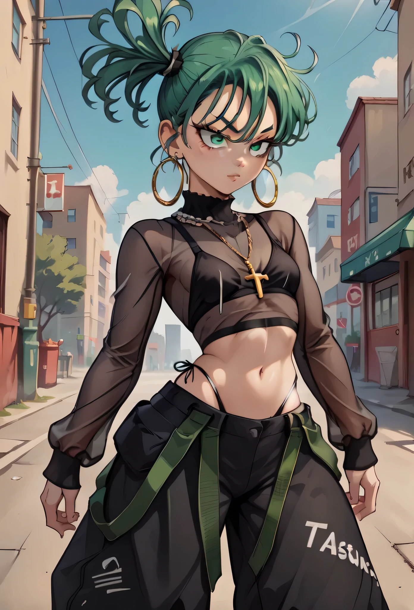 tatsumaki,green hair,curly hair,green eyes short hair,medium breast ,Side Ponytail, black bra, long sleeves, mesh crop top, baggy pants,black pants,
highleg panties , earrings,hoop earrings,cross necklace,jewelry,poese