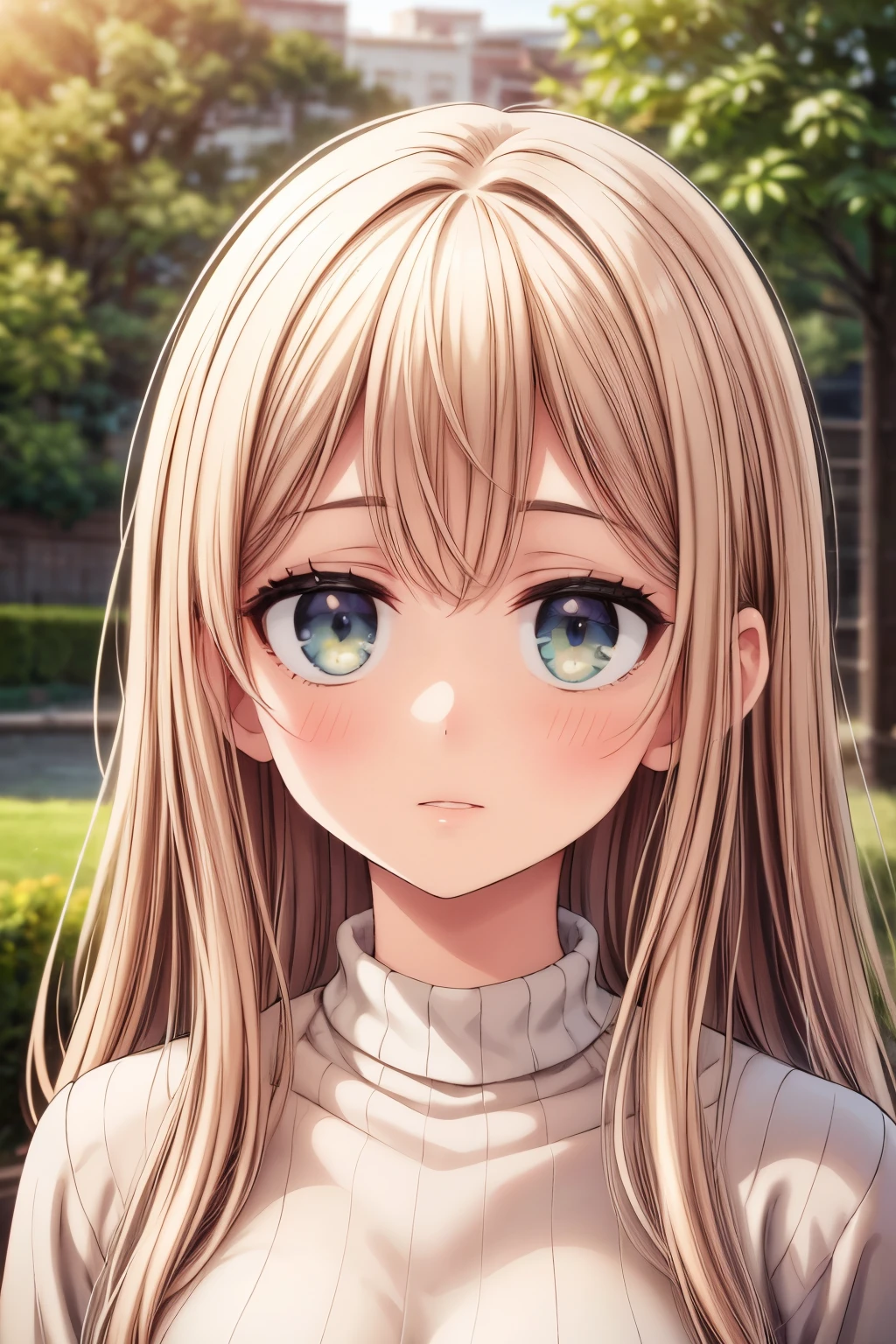 A young girl with long wavy hair, beautiful detailed eyes, beautiful detailed lips, extremely detailed face, longeyelashes, wearing a cozy cream-colored sweater, serene expression, outdoor garden setting, natural lighting, vibrant colors, intricate details, (best quality,4k,8k,highres,masterpiece:1.2),ultra-detailed,(realistic,photorealistic,photo-realistic:1.37),portrait,warm tones,natural lighting