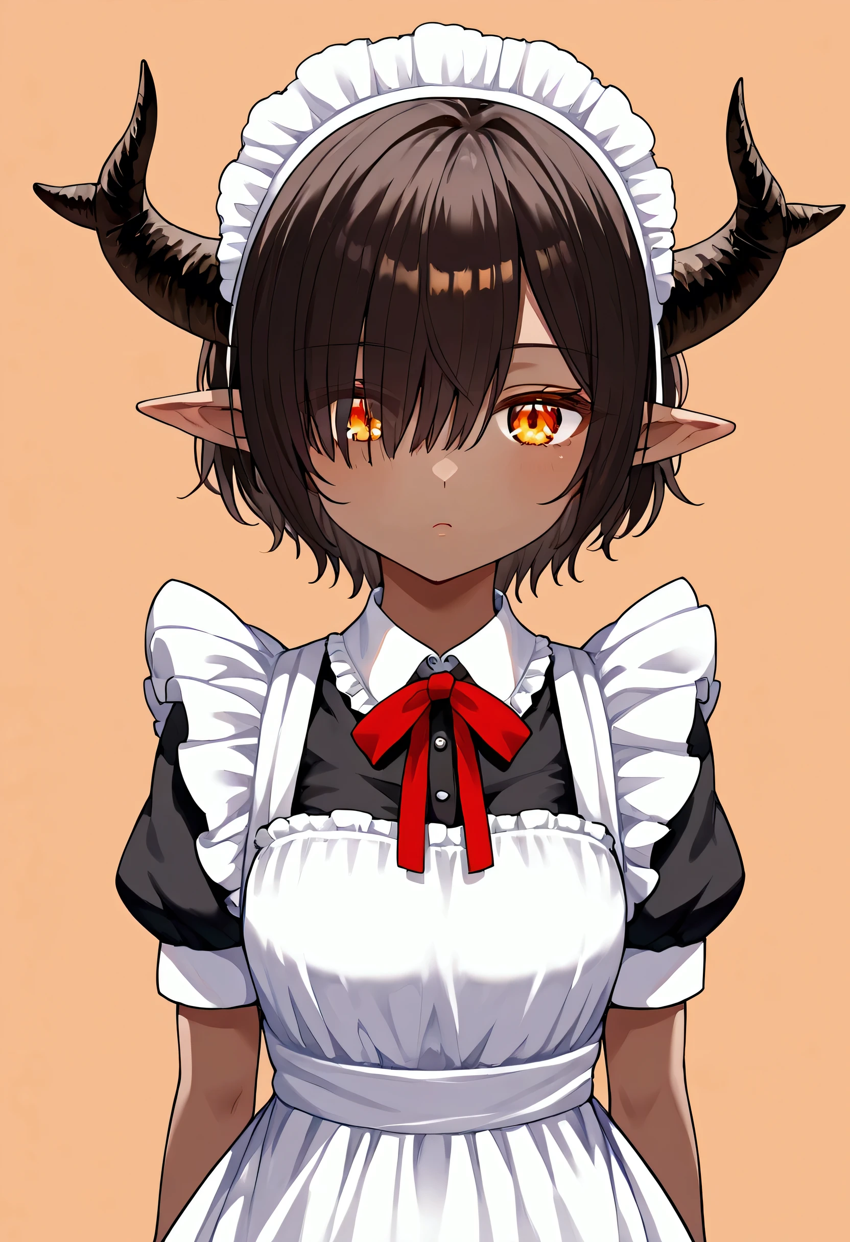 nai3, close up, masterpiece, Highest quality, One person, 1girl, solo, dark skin, horns, dark-skinned female, pointy ears, maid, hair over one eye, apron, short sleeves, maid headdress, orange eyes, looking at viewer, puffy sleeves, short hair, puffy short sleeves