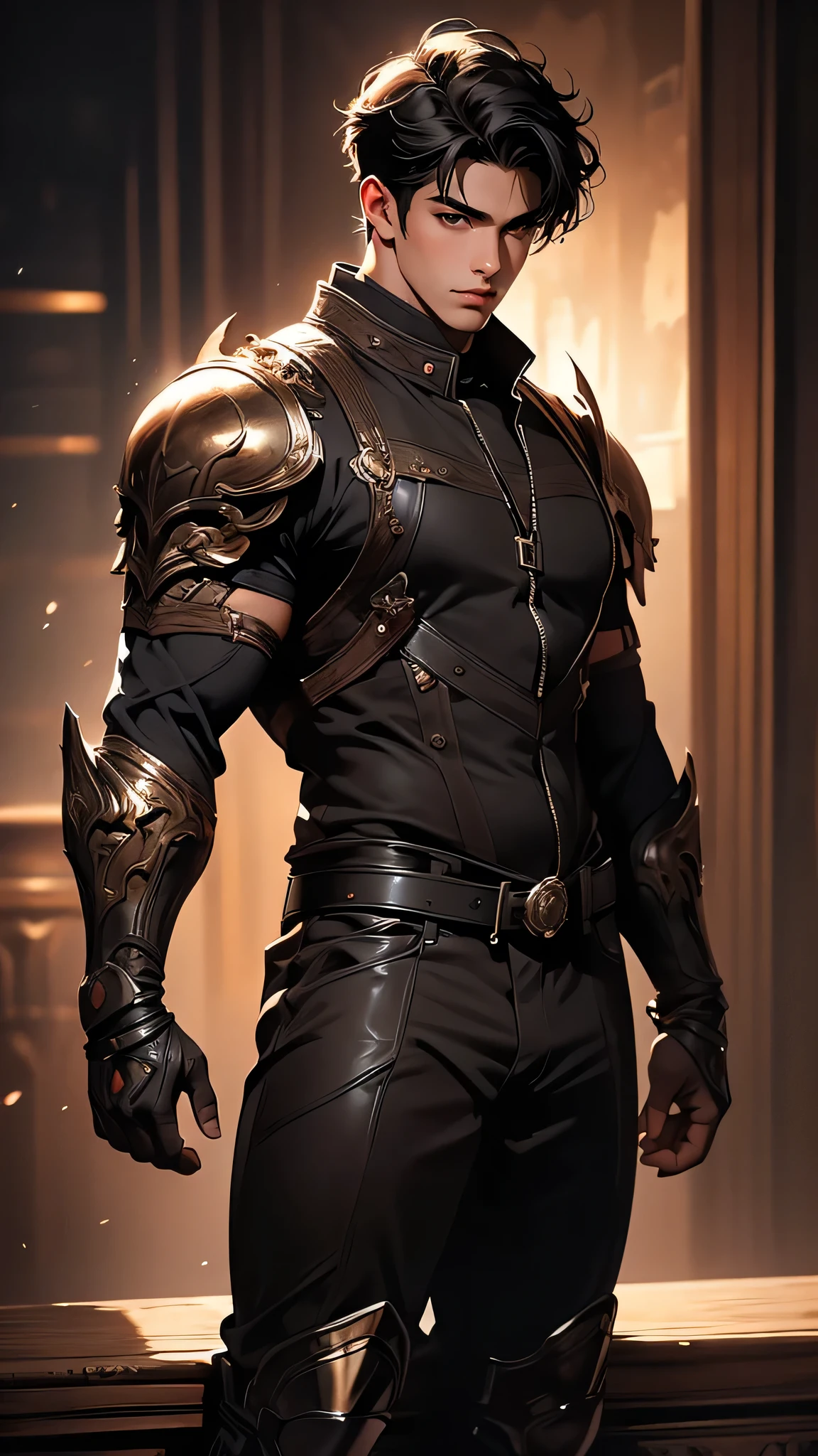 a man with a sleek yet tactical armored leather military trench coat, flat masculine chest, mechanical mecha knight head with a narrow visor, sleek and revealing armor plated under suit with waist cut outs, beautifully engraved upper arm and shoulder armor, androgynous charm with slim yet heavily muscled physique, sylphlike with a sleek waist, toned yet beautifully sleek cybernetic arms and mechanical arms and legs, mecha muscles, brass metal armor and brown leather, dieselpunk, best quality, 4k, 8k, highres, masterpiece, ultra-detailed, realistic, photorealistic, photo-realistic, HDR, UHD, studio lighting, ultra-fine painting, sharp focus, physically-based rendering, extreme detail description, professional, vivid colors, bokeh, portraits, concept art