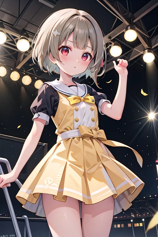 (Best Quality，masterpiece)，One Girl, Alone, Anime screenshots，Ray Tracing，Global Illumination，Ultra-high resolution images，Written boundary depth，Brown Hair，Bobcut，short hair，ワンレングスBobcut，Asymmetrical Hair，The hair on the left is longer，Red Eye，Kasumi Nakasu，Yellow dress，Stage stage，Flying paper tape，Blowing a Kiss，Big screen behind