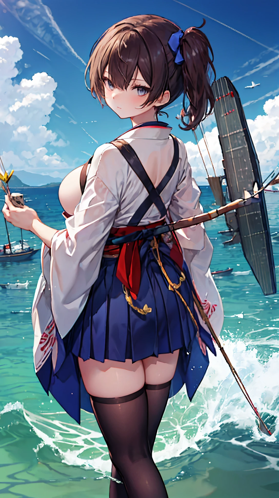 ((kinako (shiratama mochi) style)), nsfw, masterpiece, 1 girl, black hair, back view, from behind, thighs, bareback, wearing shorts, erect nipples, intricately detailed, topless, bare shoulders, dock, lighthouse, outdoors, seaside, raining, cloudy sky, fishing boat, puffy nipples, extremely detailed, small breasts, nipples, sweaty, soaking wet, ponytail, embarrassed, aqua eyes, hat, halo, sea, somber colors, rainy afternoon, cg masterpiece