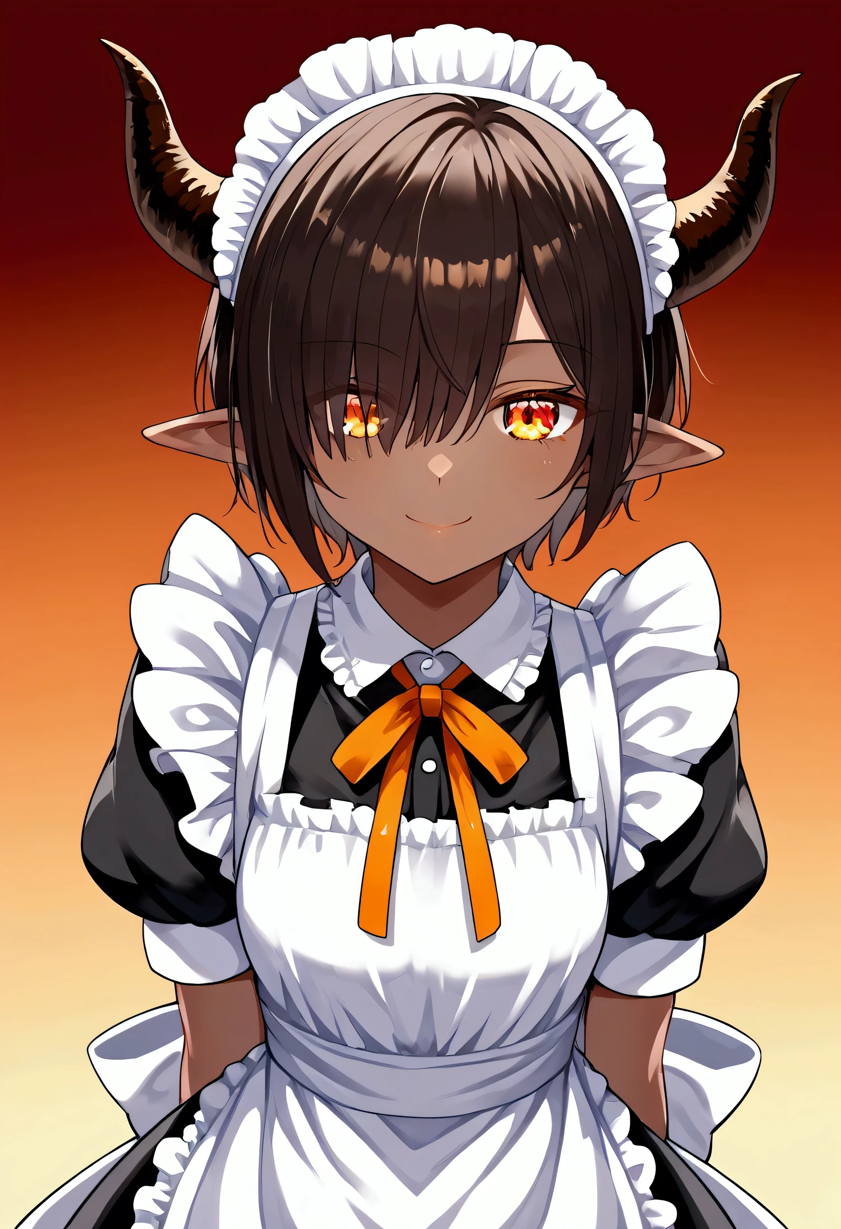 nai3, close up, masterpiece, Highest quality, One person, 1girl, solo, dark skin, horns, dark-skinned female, pointy ears, maid, hair over one eye, apron, short sleeves, maid headdress, orange eyes, looking at viewer, puffy sleeves, short hair, puffy short sleeves, dynamic pose, smile