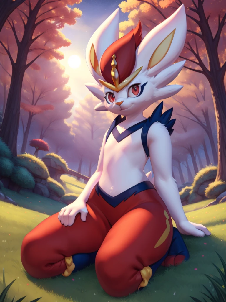 cinderace, female, full body, red eyes, (soft shading), 4k, hi res, five fingers, detailed hands, ((detailed face, (detailed eyes:1.0), detailed)), by zackarry911, by zaush, (by personalami:0.5), outside, night, grass, trees, sitting on grass, holds knees, looking at viewer, front view, rabbit tail