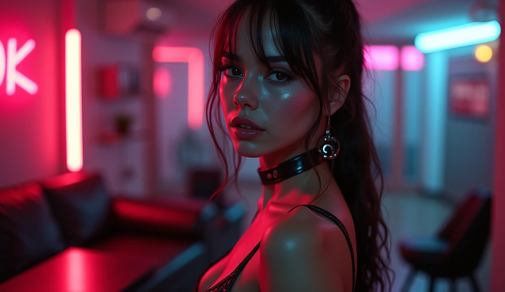 Stripper in a night club, sensual pose, ultra detailed, red lights, red neons.