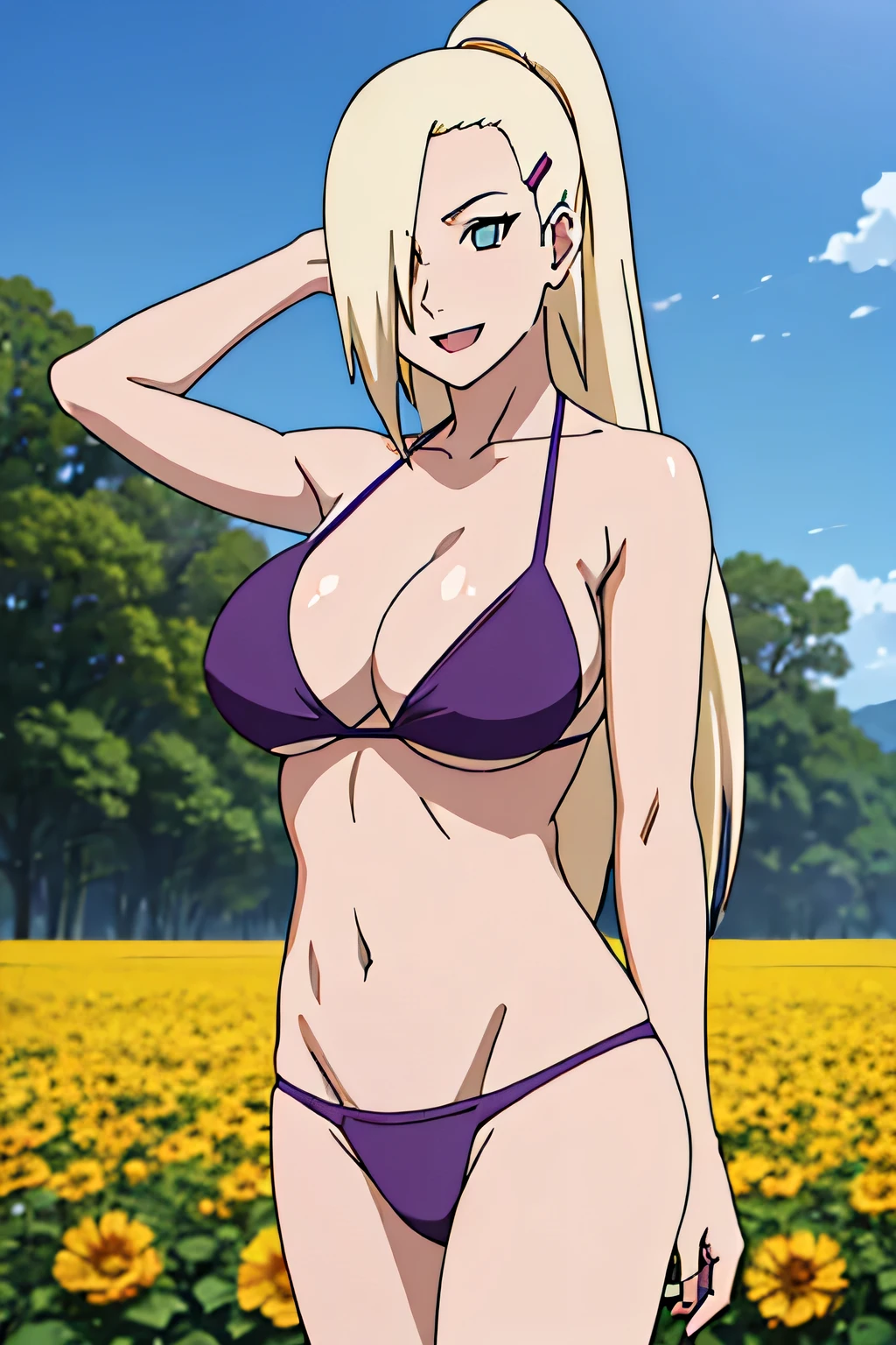 ((((wearing purple bikini))))),(((((Large breast))))) Ino yamanaka, looking at the viewer, gorgeous, attractive, groin, cowboy shot, ultra detailed face, sunny day, day time, upper body view, anime style, solo, detailed flower field, blonde, (focus on face), ((one eye covered with hair, hair over eye)), large breasts, belly button, looking at the viewer, sexy arms, (off-shoulders, small shoulders, curving body), hidden eye, smile, open mouth, very happy, tall, hair clip, sharp look, sharp face, sharp eye, cold colors,