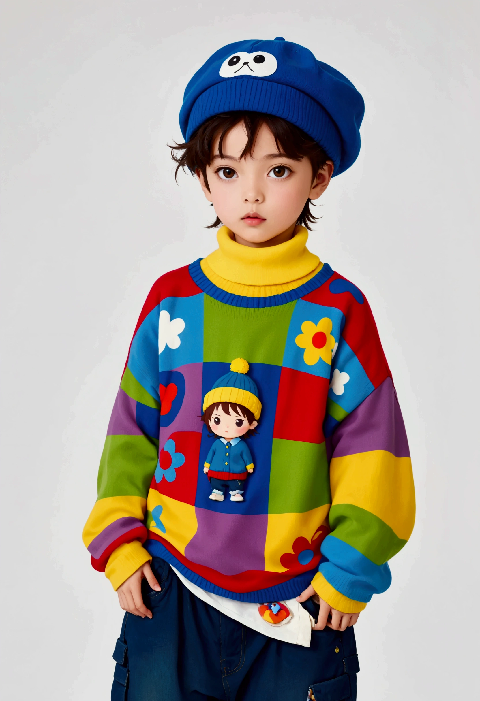  Neo-Dadaism，Cute ，Beautiful face，fashion model，Baggy sweaters and baggy jeans，tHere is a yo在ng cHild dressed in a cost在me and Hat,，Colorful colors，White background
