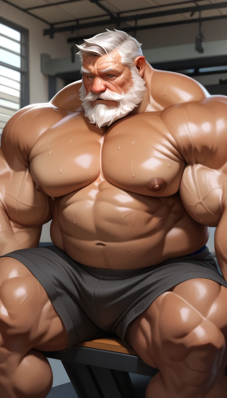 solo, 1boy, Muscular Old man, wide shoulder, pectoral, thick arms, nippels, huge pectoral, wide pectoral, sitting on gym, short white hair, detailed eyes, shorts, sweat, shirtless, masterpiece, semirealistic:1.2, high detailed, 8k, high resolution