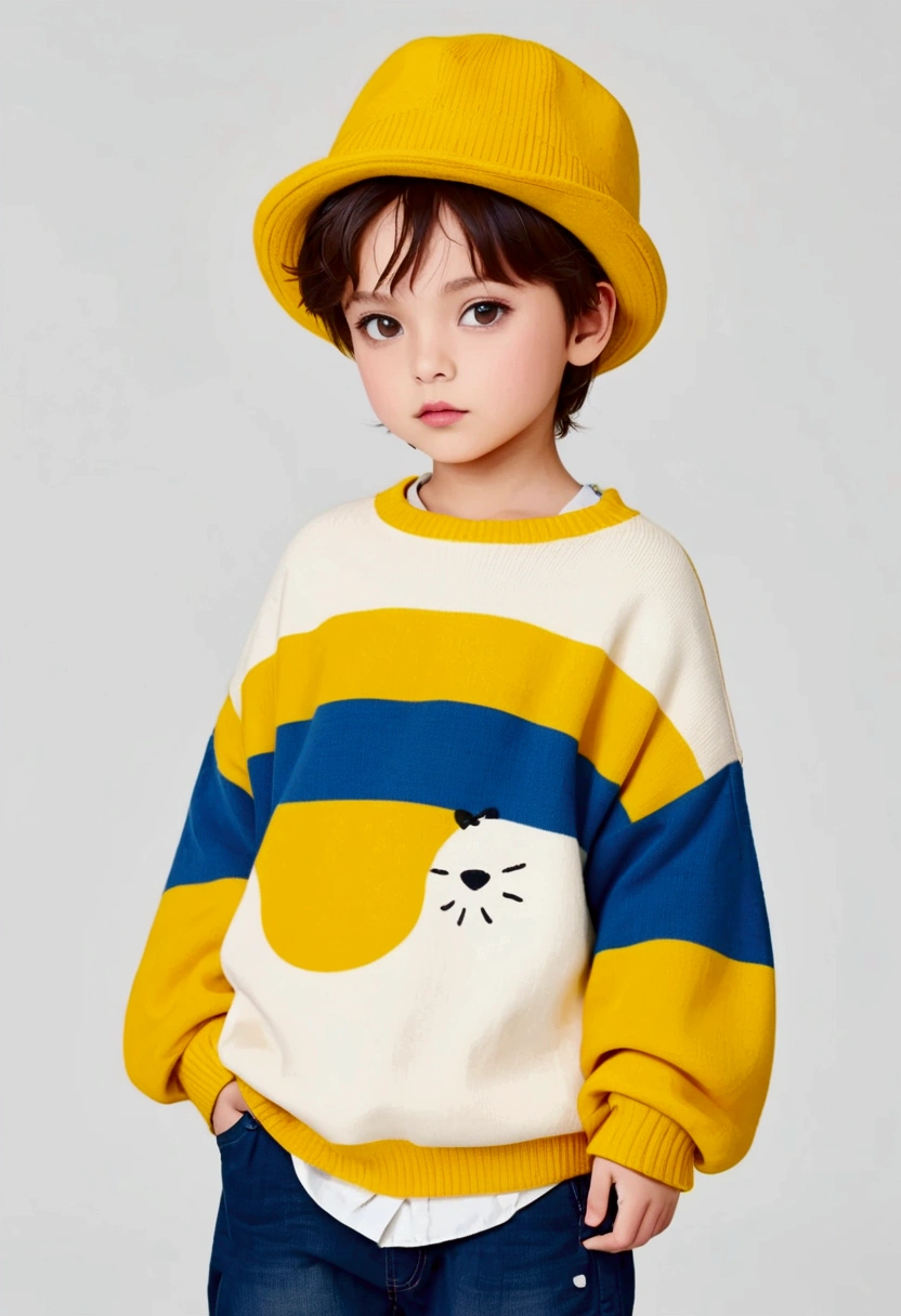 Cute ，Beautiful face，fashion model，Baggy sweaters and baggy jeans，tHere is a yo在ng cHild dressed in a cost在me and Hat,，Colorful colors，White background
