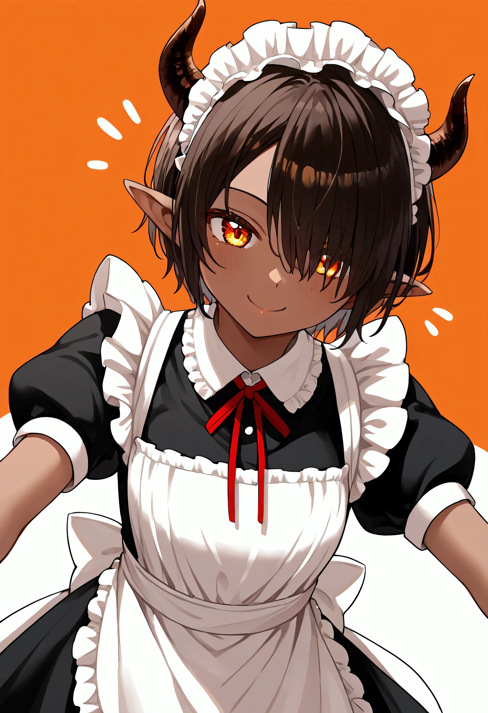 nai3, close up, masterpiece, Highest quality, One person, 1girl, solo, dark skin, horns, dark-skinned female, pointy ears, maid, hair over one eye, apron, short sleeves, maid headdress, orange eyes, looking at viewer, puffy sleeves, short hair, puffy short sleeves, dynamic pose, smile