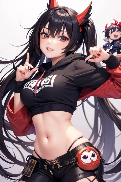 ((best quality)), ((chef-d&#39;artwork)), (detailed), visage parfait, ((((uses the ratio of 1.6180339887 for internat image composition)))), (Une femme de 30 ans, grande avec des hauts talons, a crop top that reveals a black cat tattoo on the stomach), couleur vibrantes, ((boket:2)), ((look of disgust)),