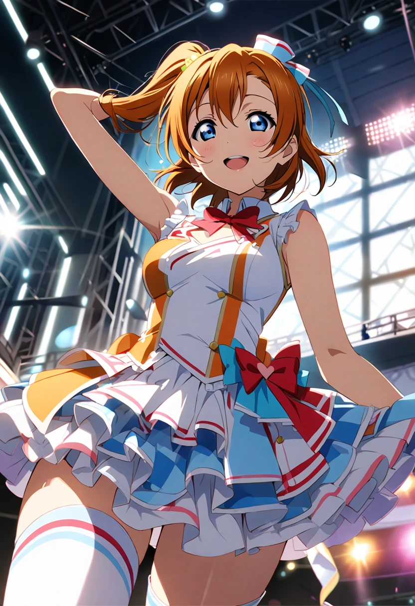 (((Pixel Perfect, Perfect detail))), (woman),(slender body, Medium Breast), (((Underskirt angle view, I can see her panties,))), Alone, Solo Girl, Honoka Kosaka, 1, (Anime idol dresses,: 1.5), Viewer Perspective, smile, , MS, Love Live!!! ,stage, sing, (White panties), (Detailed panties), (Frill Panties), {{upskirt}}, (blue eyes, Detailed Shadows, Detailed face, Orange Hair, One-sided ponytail, Short Hair), ((Thigh-high white socks with grey ruffles on the top)), ((Low angle:1.0)),