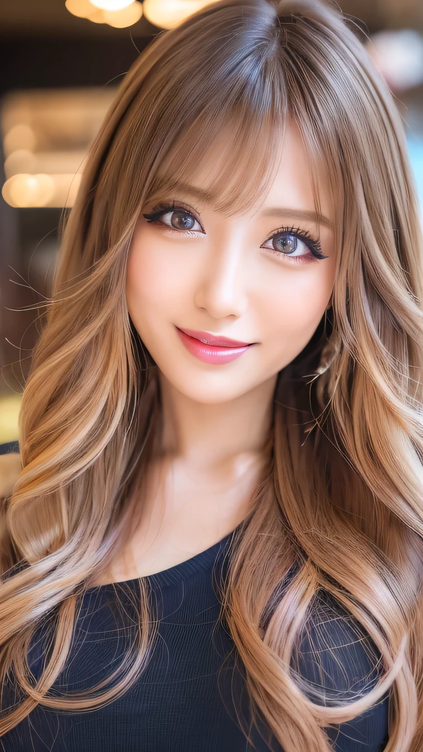 (Cowboy Shot、Best Quality、8k、Award-winning works、Ultra-high resolution)、Beautiful woman、(A sweater that shows off perfect, sexy cleavage:1.1)、Perfect big breasts、(Blonde:1.1)、Bright color contacts、Perfect Makeup、Bright and shiny lipstick、(Very heavy makeup:1.2)、(Deep pink around the eyes:1.1)、Beautiful bright eyeshadow、Heavy makeup around the eyes、(Huge breasts:1.2)、Very long wavy hair、(Romantic affection:1.1)、The best smile when he sees me、(Most people emphasize their body lines..:1.1)、(Strongly blurred vibrant Harajuku city background:1.1)、(Strongly blurred background:1.1)、Accurate anatomy、Ultra HD Hair、(Ultra-high resolution for perfect, beautiful teeth:1.1)、Beautiful faces in ultra-high definition、Ultra HD Hair、Ultra HD Shining Eyes、Shining, Ultra-high resolution beautiful skin、Ultra-high resolutionの艶やかな唇