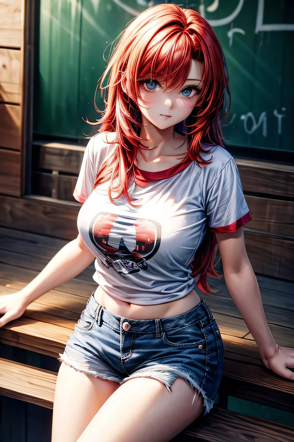 beautiful seductive attractive alluring anime teen girl with red hair and blue eyes posing on a desk, wearing only a extremely short semi transparent t-shirt, laying down towards the camera, with no pants