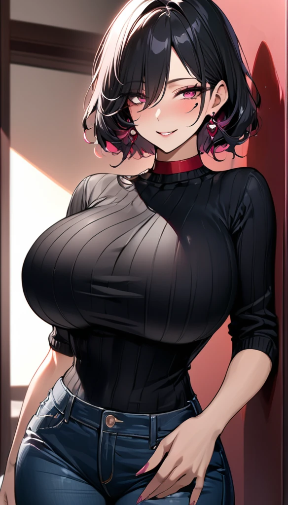 4k, masterpiece, best quality, (detailed face and eyes_1.4), detailed skin, cowboy shot, detailed, 1girl, 2, mature body, big breasts, solo, black hair, pink colored eyes, mole under left eye, hair covering right eye, small smile, steam coming out of mouth, parted lips, black sweater, jeans, villain smile, red choker, tempting smile, tempting eyes, black gem earrings