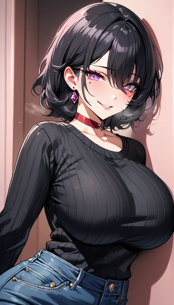 4k, masterpiece, best quality, (detailed face and eyes_1.4), detailed skin, cowboy shot, detailed, 1girl, 2, mature body, big breasts, solo, black hair, pink colored eyes, mole under left eye, hair covering right eye, small smile, steam coming out of mouth, parted lips, black sweater, jeans, villain smile, red choker, tempting smile, tempting eyes, black gem earrings