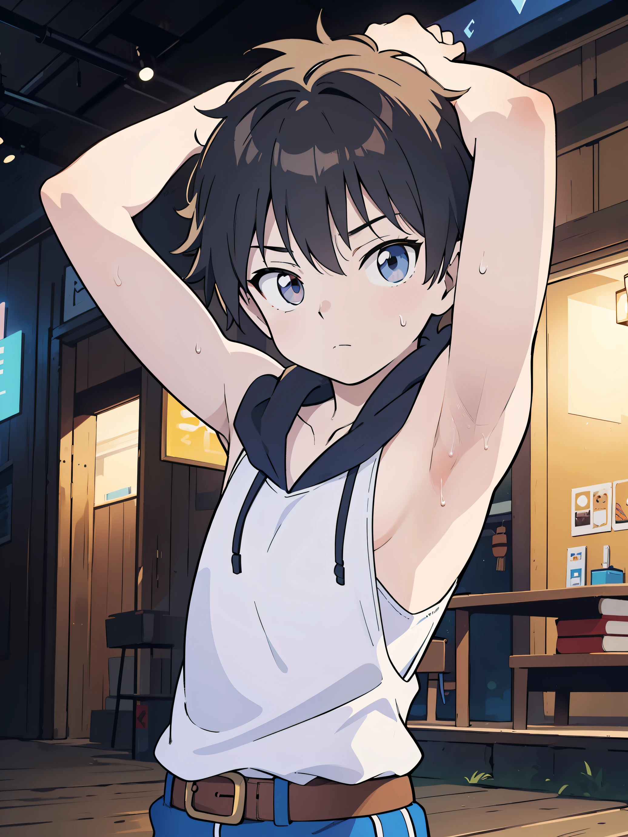 Highres, Masterpiece, Best quality at best,Best Quality,hight quality, hight detailed, Anime style, 1boy, teenager, cuddle, pretty face, Shota, young boy, Sleeveless hoodie, bare shoulder, upper body, belt, 12-years-old, handsome, Adorable little armpits, Give me a proportional picture of a boy's armpits, Give me a picture of the armpit of a young boy, (Showing armpit:1.3), (very young boy), (very small and short body), simple beckground, cute boy, Uhd, bokeh, sweat