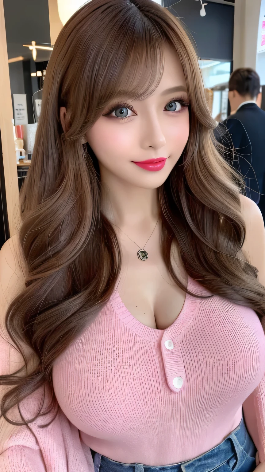 (Cowboy Shot、Best Quality、8k、Award-winning works、Ultra-high resolution)、Beautiful woman、(A sweater that shows off perfect, sexy cleavage:1.1)、Perfect big breasts、(Blonde:1.1)、Bright color contacts、Perfect Makeup、Bright and shiny lipstick、(Very heavy makeup:1.2)、(Deep pink around the eyes:1.1)、Beautiful bright eyeshadow、Heavy makeup around the eyes、(Huge breasts:1.2)、Very long wavy hair、(Romantic affection:1.1)、The best smile when he sees me、(Most people emphasize their body lines..:1.1)、(Strongly blurred vibrant Harajuku city background:1.1)、(Strongly blurred background:1.1)、Accurate anatomy、Ultra HD Hair、(Ultra-high resolution for perfect, beautiful teeth:1.1)、Beautiful faces in ultra-high definition、Ultra HD Hair、Ultra HD Shining Eyes、Shining, Ultra-high resolution beautiful skin、Ultra-high resolutionの艶やかな唇