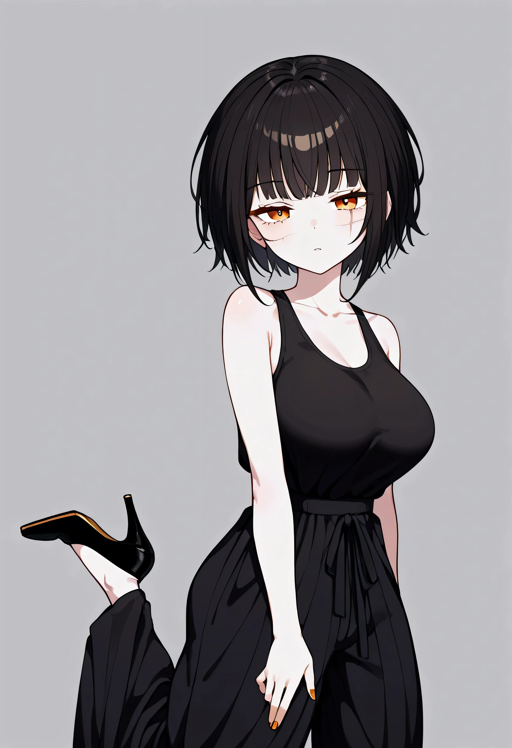 nai3, close up, masterpiece, Highest quality, One person, 1 woman, alone, black hair, very short hair, split bangs, gold and orange eyes, half-closed eyes, parted lips, expressionless, pale skin, large breasts, many scars, one scar on one eye, best quality, long open bangs, black sleeveless shirt, black V-neck, baggy pants, high heels