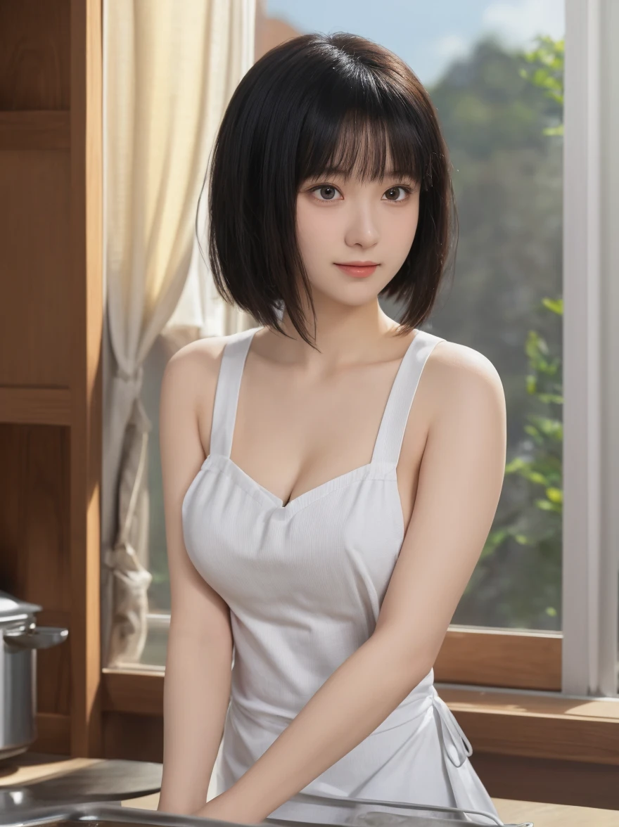 (8k, Photorealistic: 1.2, Raw photo, Highest quality: 1.4),Japanese idol-style beautiful girl,1 person,18-year-old,Hairstyle(Short Bob,Black),She has her hair tucked behind her ears,She has small piercings in her ears,Large, clear grey eyes,Long eyelashes,Plump cheeks,Completely naked(Large Breasts,Erect nipples,Thin and delicate shoulders,thin abdomen,Rounded waist,Upward hips),barefoot,(Apron on bare skin(Tie strings in a bow on the back,Breasts, back, hips and buttocks are visible :1.4)),kitchen,(Looking back at the camera and smiling),(View from diagonally behind :1.4),Full body portrait