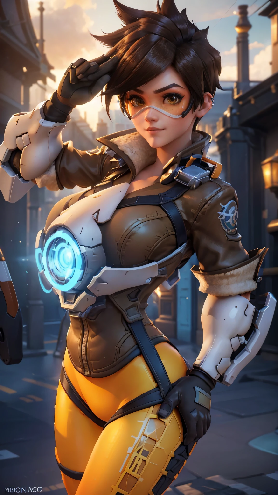 Tracer da overwatch,(best qualityer,4K,8k,high resolution,work of art:1.2)(weather: cloudy), London streets background, Britain parade, wide hips, thick thighs, short curly hair, brown hair, freckles, pilot jacket, orange leggings, white sneakers, light makeup, pilot goggles, elbow gloves, salute pose, ultra detailed,portrait,realistic,beautiful detailed green eyes, beautiful detailed lips,extremely detailed eye and face, ultra detailed hands, long eyelashes,average, large breasts,flying hair,beaming smile, happy smile,powerful girl, bright coloured, dramatic lighting,