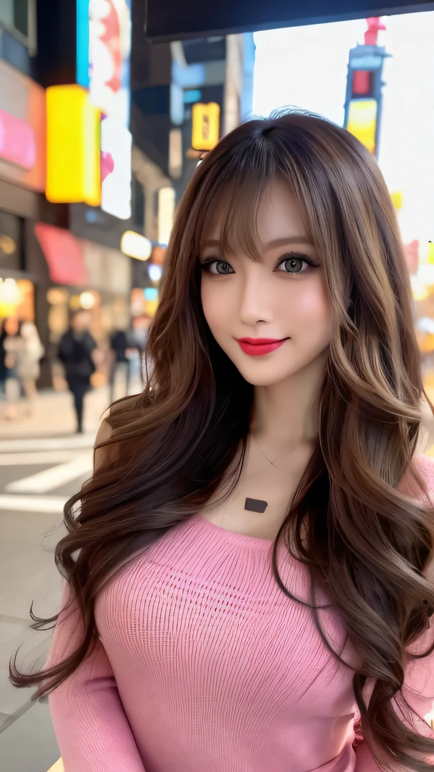 (Cowboy Shot、Best Quality、8k、Award-winning works、Ultra-high resolution)、Beautiful woman、(A sweater that shows off perfect, sexy cleavage:1.1)、Perfect big breasts、(Blonde:1.1)、Bright color contacts、Perfect Makeup、Bright and shiny lipstick、(Very heavy makeup:1.2)、(Deep pink around the eyes:1.1)、Beautiful bright eyeshadow、Heavy makeup around the eyes、(Huge breasts:1.2)、Very long wavy hair、(Romantic affection:1.1)、The best smile when he sees me、(Most people emphasize their body lines..:1.1)、(Strongly blurred vibrant Harajuku city background:1.1)、(Strongly blurred background:1.1)、Accurate anatomy、Ultra HD Hair、(Ultra-high resolution for perfect, beautiful teeth:1.1)、Beautiful faces in ultra-high definition、Ultra HD Hair、Ultra HD Shining Eyes、Shining, Ultra-high resolution beautiful skin、Ultra-high resolutionの艶やかな唇