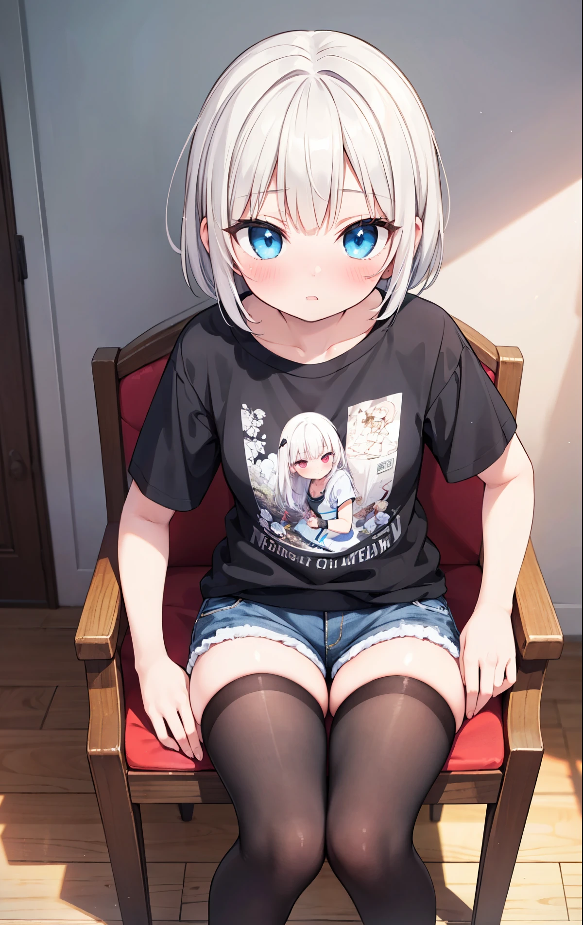 7 on knees showing her breasts through her t-shirt, She is dressed only in small white panties through which you can see her wet pussy , Her face is looking down at the floor and blushing. , With her left hand she jerks off the cock of the boy who is standing in front of her , They are in the pantry.