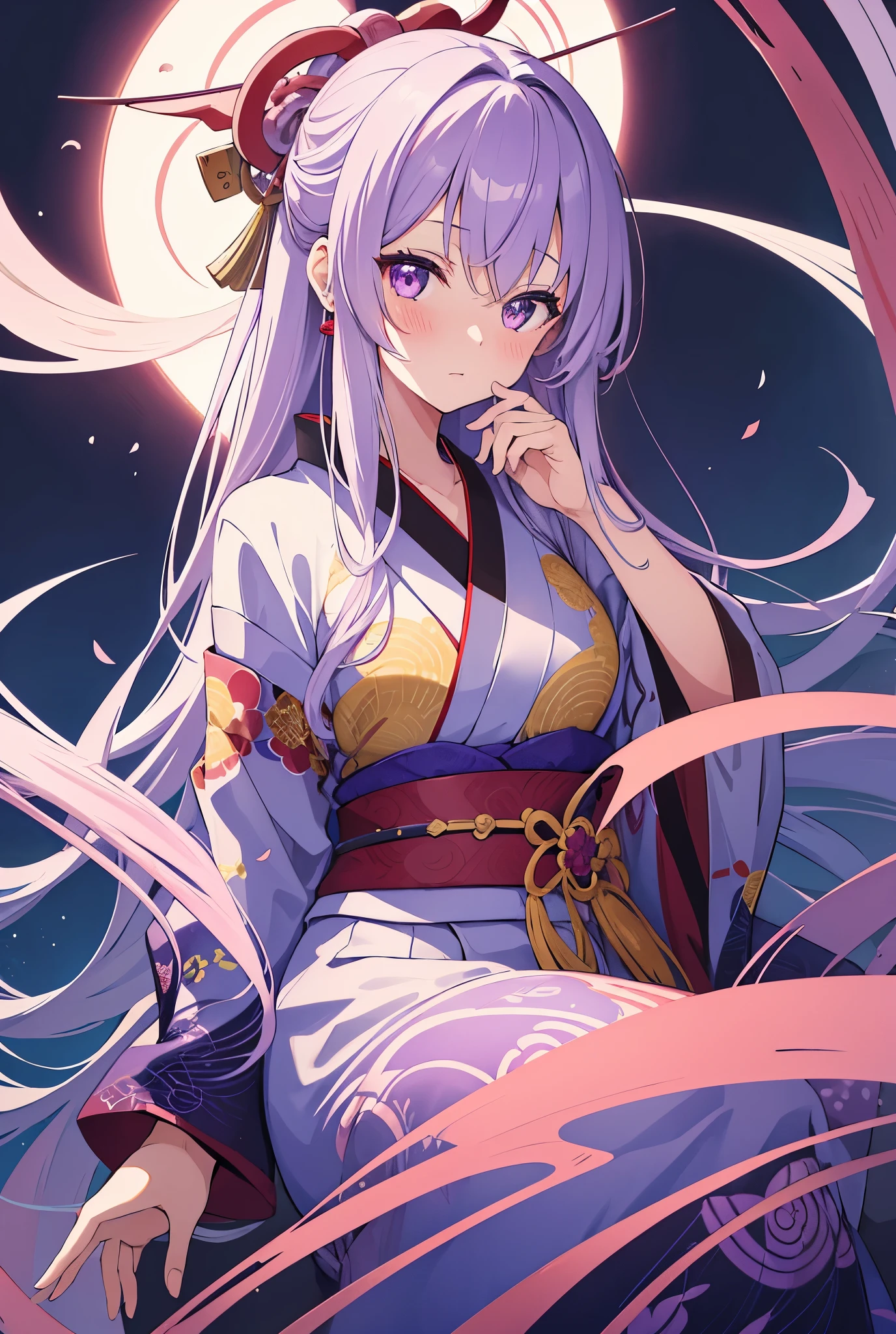 A young woman with silver hair, red eyes, crying moles, and a tattoo of a vermilion butterfly on her neck is wearing a kimono with a brightly colored pattern, and is smoking purple smoke from a kiseru in front of a window illuminated by the purple moon.