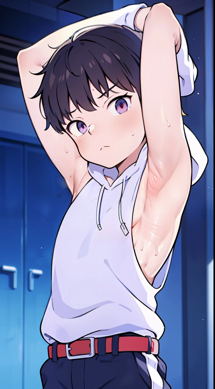 Highres, Masterpiece, Best quality at best,Best Quality,hight quality, hight detailed, Anime style, 1boy, teenager, cuddle, pretty face, Shota, young boy, Sleeveless hoodie, bare shoulder, upper body, belt, 12-years-old, handsome, Adorable little armpits, Waki, Give me a proportional picture of a boy's armpits, Give me a picture of the armpit of a young boy, (Showing armpit:1.3), (very young boy), (very small and short body), simple beckground, cute boy, Uhd, bokeh, sweat