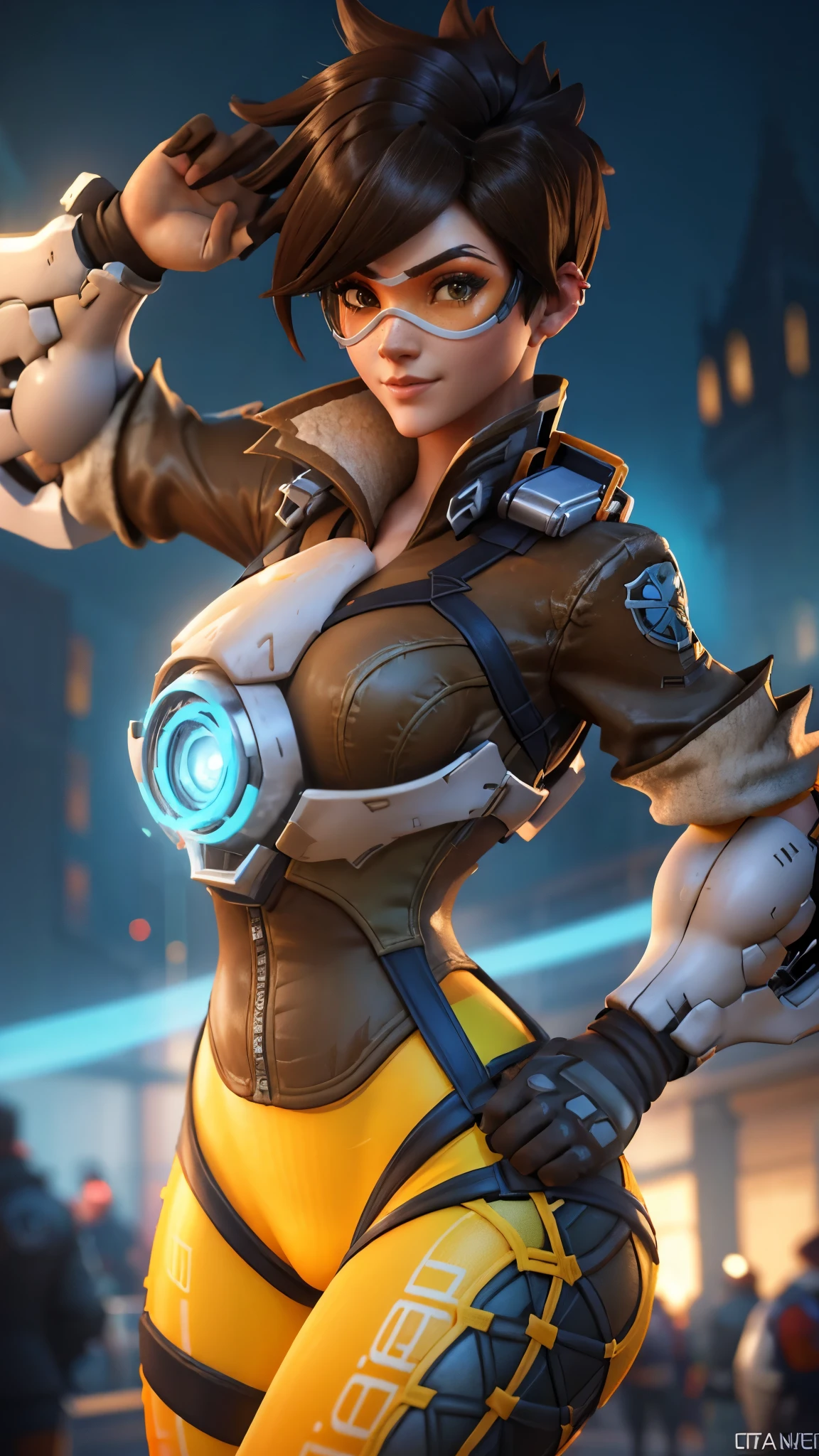 Tracer da overwatch,(best qualityer,4K,8k,high resolution,work of art:1.2)(weather: cloudy), London streets background, Britain parade, wide hips, thick thighs, short curly hair, brown hair, freckles, pilot jacket, orange leggings, white sneakers, light makeup, pilot goggles, elbow gloves, salute pose, ultra detailed,portrait,realistic,beautiful detailed green eyes, beautiful detailed lips,extremely detailed eye and face, ultra detailed hands, long eyelashes,average, medium breasts,flying hair,beaming smile, happy smile,powerful girl, bright coloured, dramatic lighting,