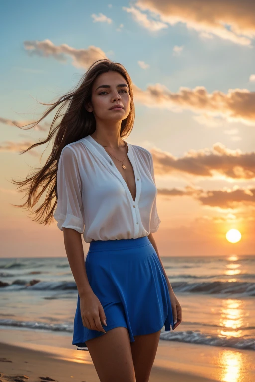 High resolution、Best Quality、Photo Quality、A woman stands on the beach、Watching the sunset、Long chestnut hair fluttering in the wind、A see-through white blouse with a wide open chest、A short, tight blue skirt、At dusk、The background is slightly blurred、A rugged coastline、Portrait、An ennui atmosphere、