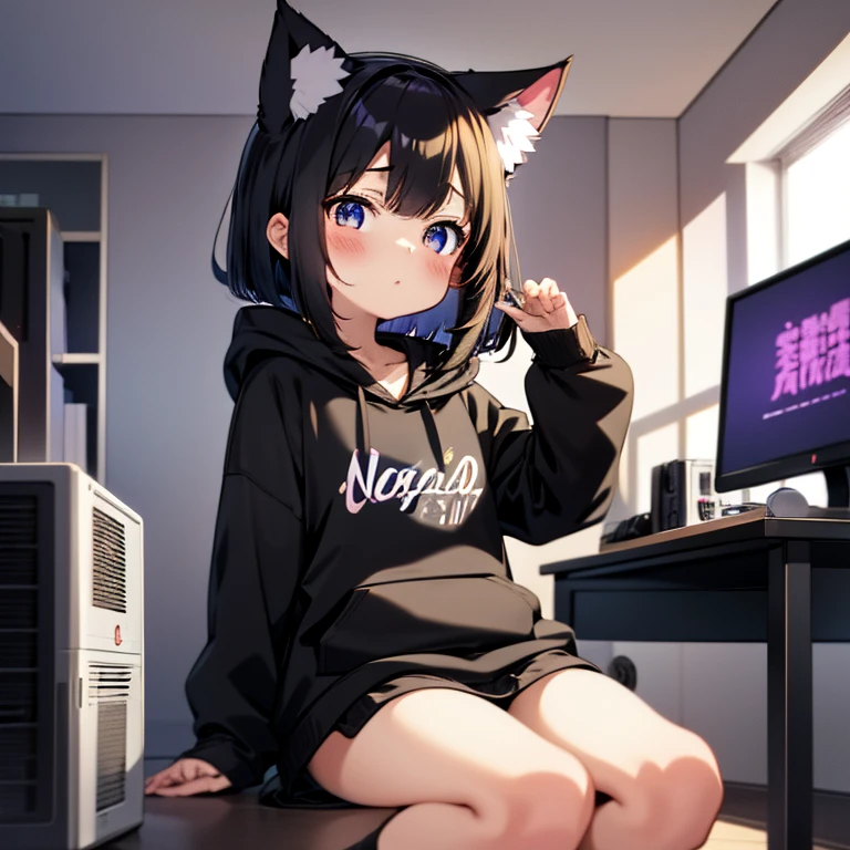 Anime girl in a room with a lot of electronic devices, Alone, Pixiv, Pixel Art, Lo-fi Girl, cute anime cat girl, Lofi Artstyle, Lo-fi Girl aesthetic, Anime aesthetics, Black hoodie, Cat ears anime girl, Lofi Art, Beautiful anime cat girl, nekomimi,　A girl with cat ears in a small room with many computer monitors, Black Hair, Shoulder-length bob, Game, Gameのコントローラー, Gamer, Deformed cat stuffed toy, Gameがたくさんある部屋, So many computer monitors