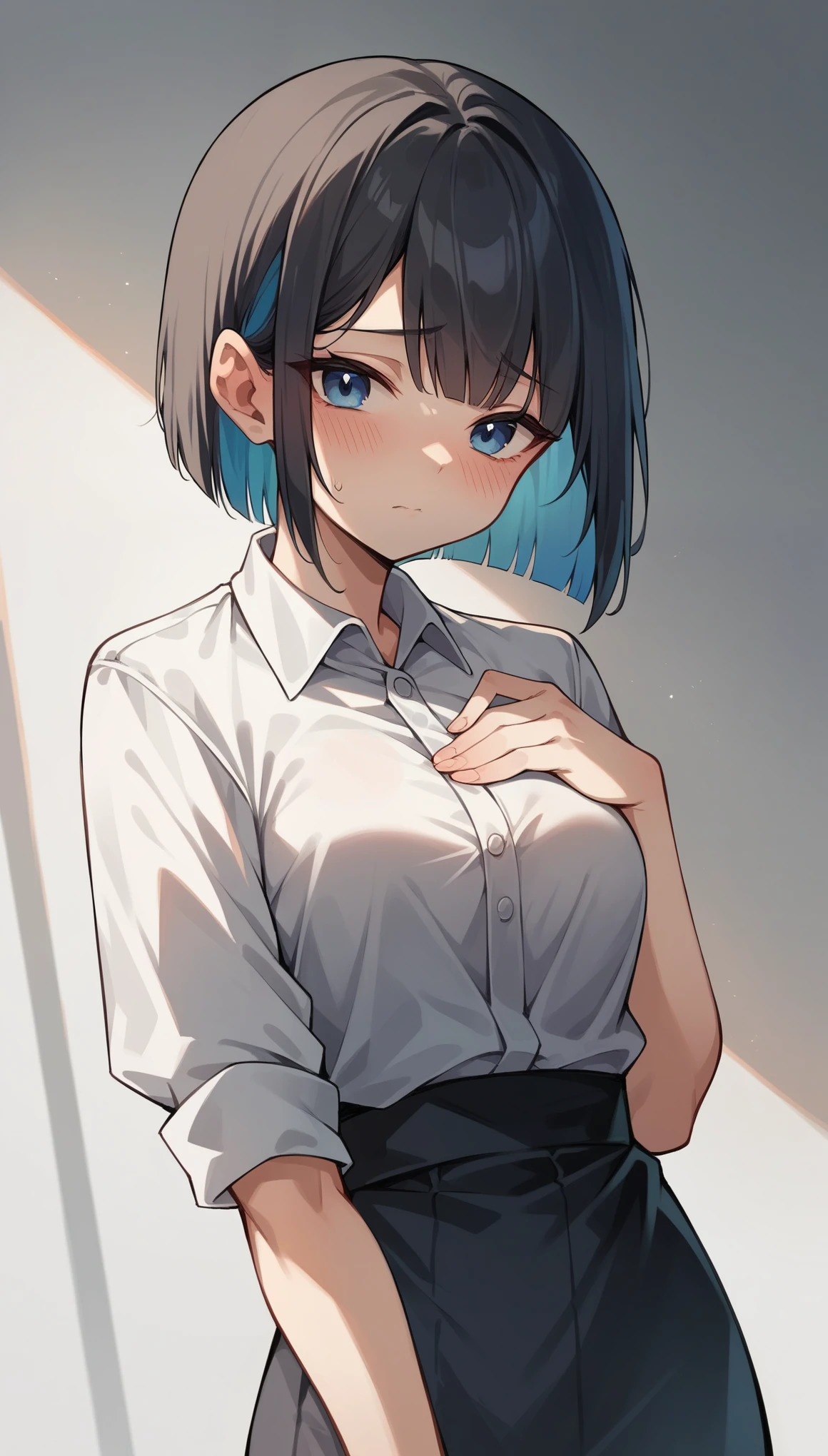 Anime girl with blue hair and black skirt posing for a picture - SeaArt AI