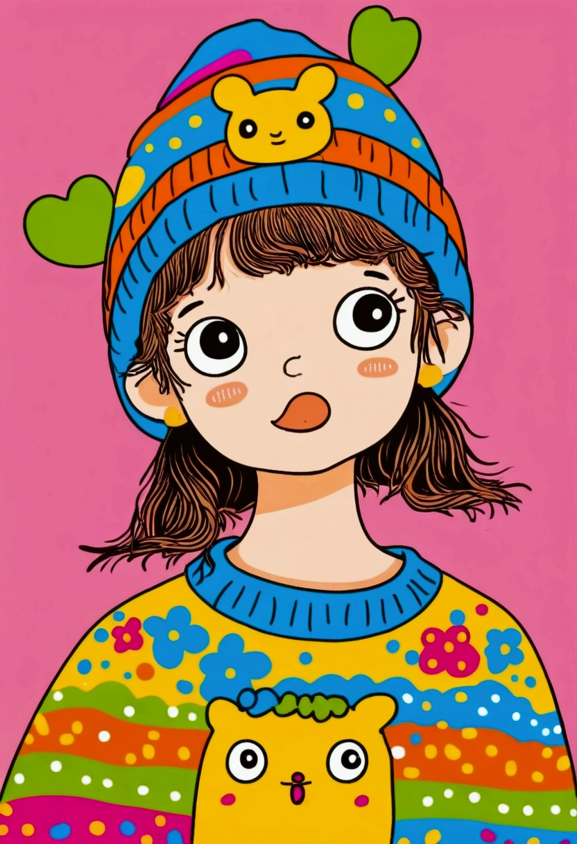 Cartoon stick figure：Close-up of a little child wearing a colorful sweater and hat, Digital art inspired by Hikari Shimoda, cg Social Hotspot, Toyism, Cute, colorful and adorable, Colorful and fashionable, Innocent expression. rich and vivid colors, Cute young girl, Colorful clothes Colorful clothes, Colorful, cute cartoon, Cute girl, Colorful, Multicolor