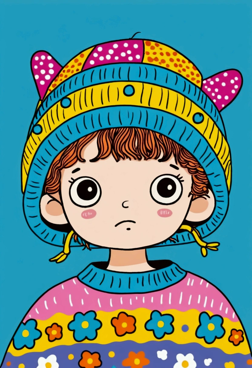 Cartoon stick figure：Close-up of a little child wearing a colorful sweater and hat, Digital art inspired by Hikari Shimoda, cg Social Hotspot, Toyism, Cute, colorful and adorable, Colorful and fashionable, Innocent expression. rich and vivid colors, Cute young girl, Colorful clothes Colorful clothes, Colorful, cute cartoon, Cute girl, Colorful, Multicolor