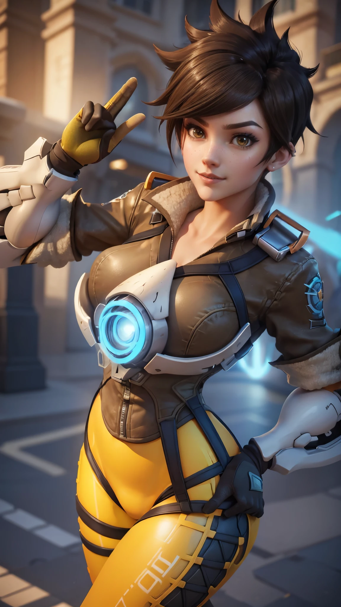 Tracer da overwatch,(best qualityer,4K,8k,high resolution,work of art:1.2)(weather: cloudy), London streets background, Britain parade, wide hips, thick thighs, short curly hair, brown hair, freckles, pilot jacket, orange leggings, white sneakers, light makeup, pilot goggles, elbow gloves, salute pose, ultra detailed,portrait,realistic,beautiful detailed green eyes, beautiful detailed lips,extremely detailed eye and face, ultra detailed hands, long eyelashes,average, medium breasts,flying hair,beaming smile, happy smile,powerful girl, bright coloured, dramatic lighting,